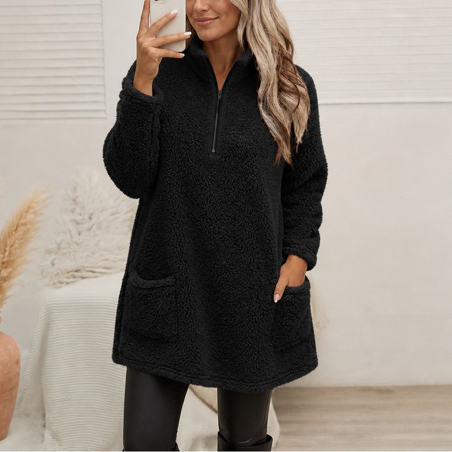 Fint fall på långärmad pullover i teddyfleece