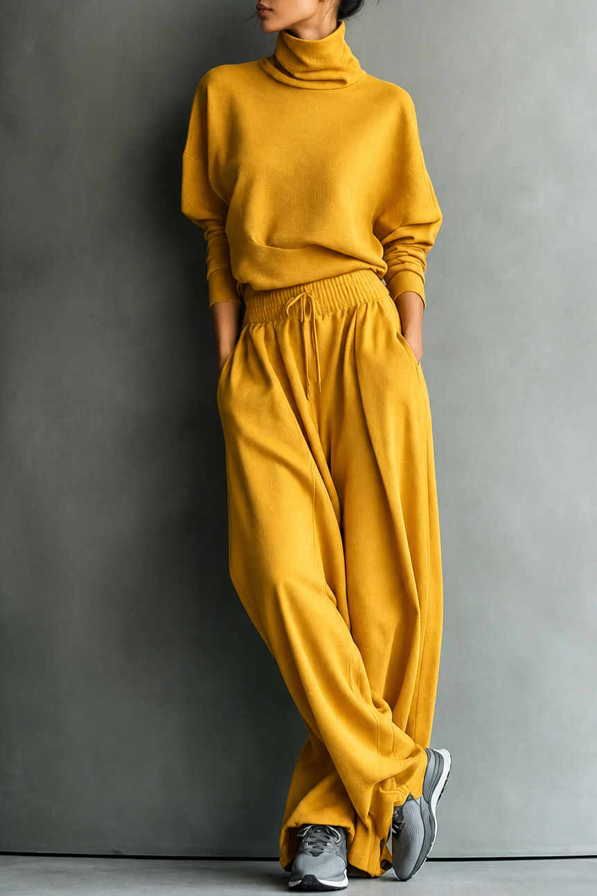 Närbild på tyget i det matchande setet med turtleneck och vida byxor