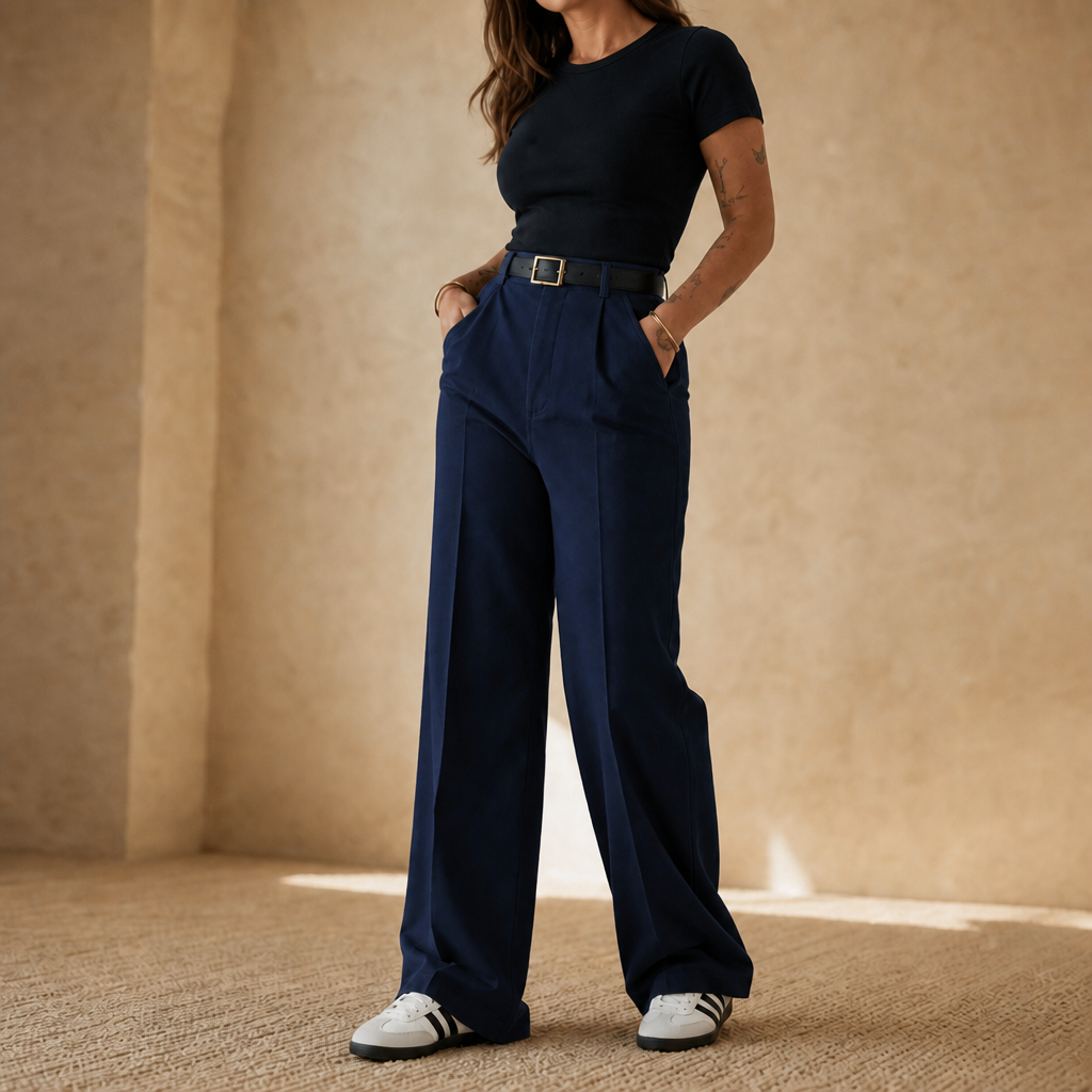 Inspirerande outfit med vida byxor och matchande accessoarer