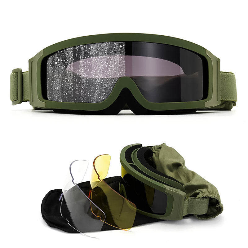 Armégrön motorcykelgoggles med komplett set av extralinser