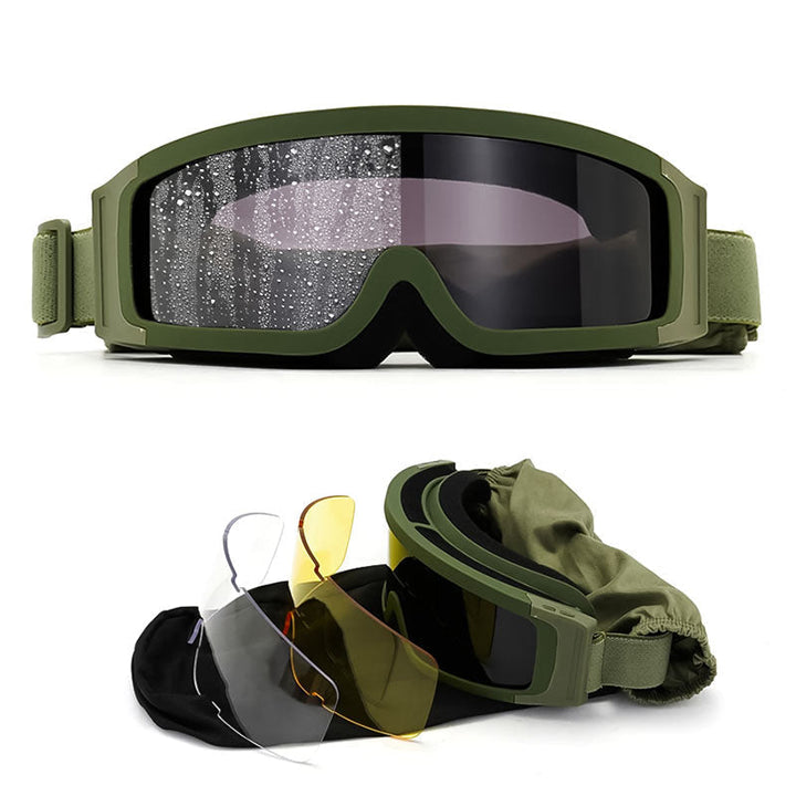 Armégrön motorcykelgoggles med komplett set av extralinser