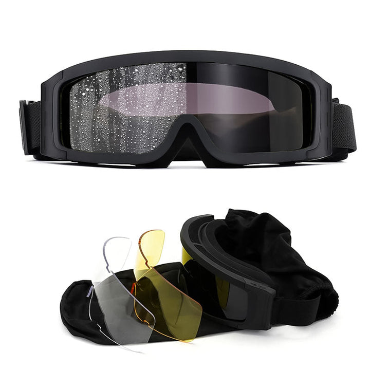 Svart motorcykelgoggles med utbytbara linser och skyddspåse