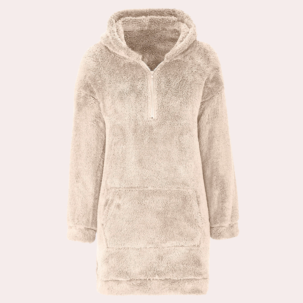 Grå dam vinterjacka med dragkedja, varm och mångsidig fleecehoodie. Idealisk vardagsjacka för höst & vinter.