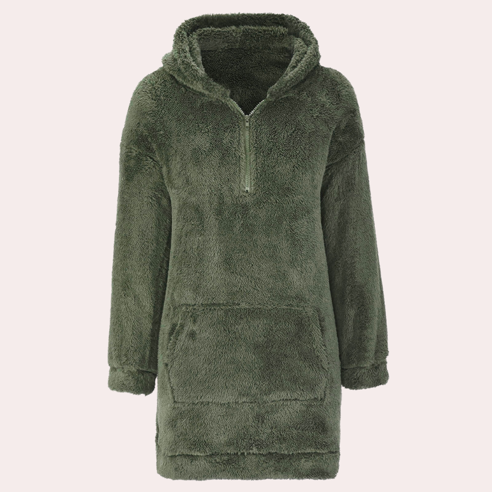Bekväm damjacka i varm fleece med dragkedja och huva. Perfekt ytterplagg för kalla höst- och vinterdagar.