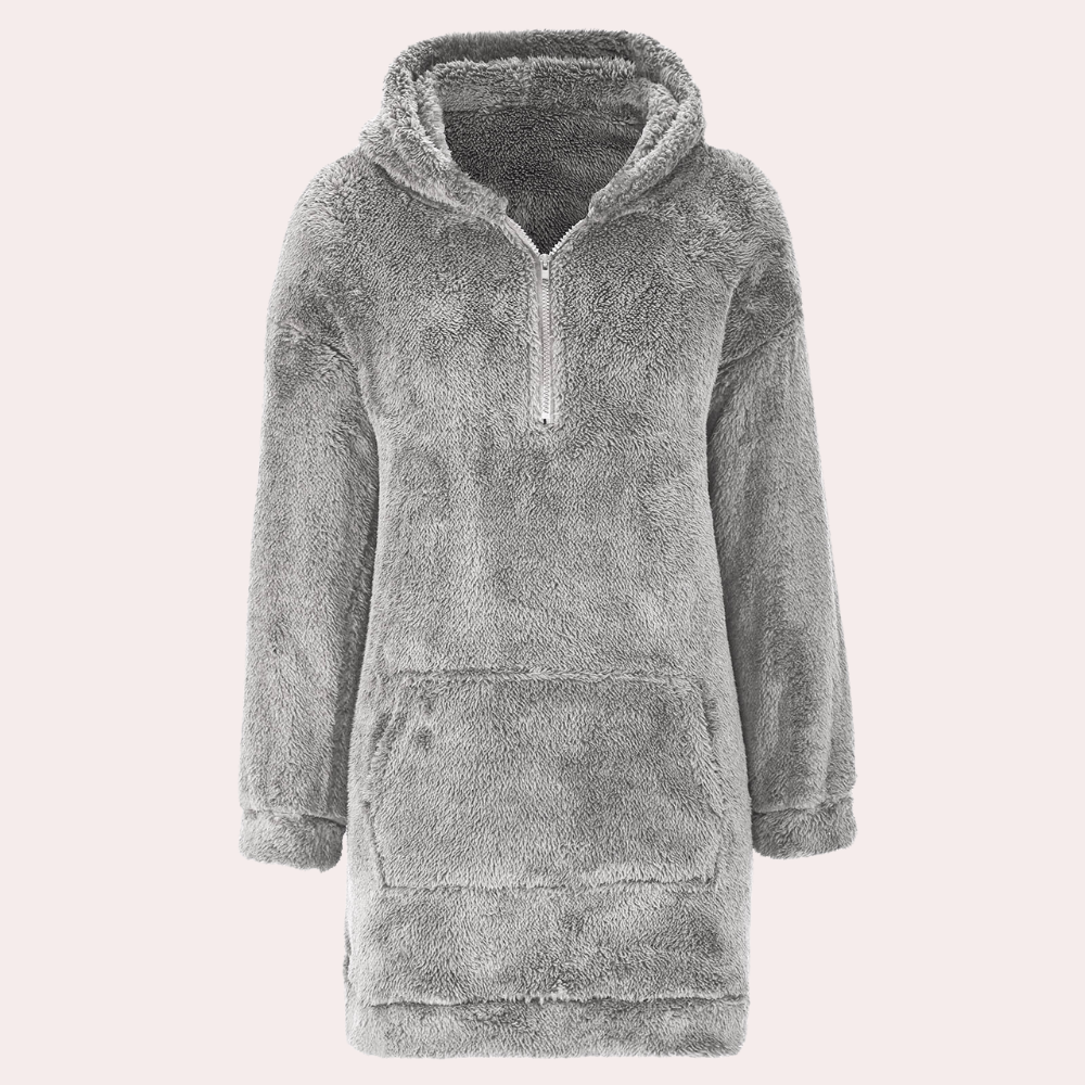 Trendig dam vinterjacka med dragkedja och huva, varm fleece. Mångsidig vardagsjacka för 2025 års höst-vintermode.