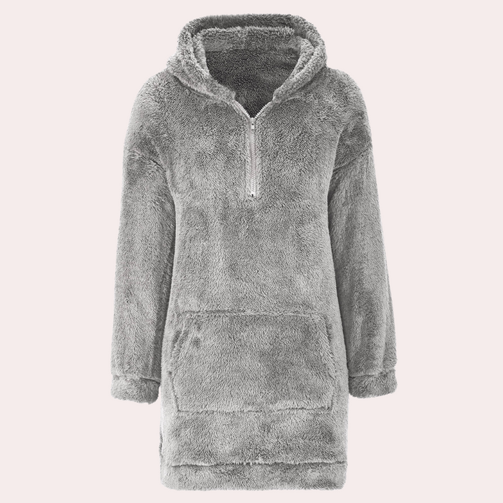 Trendig dam vinterjacka med dragkedja och huva, varm fleece. Mångsidig vardagsjacka för 2025 års höst-vintermode.