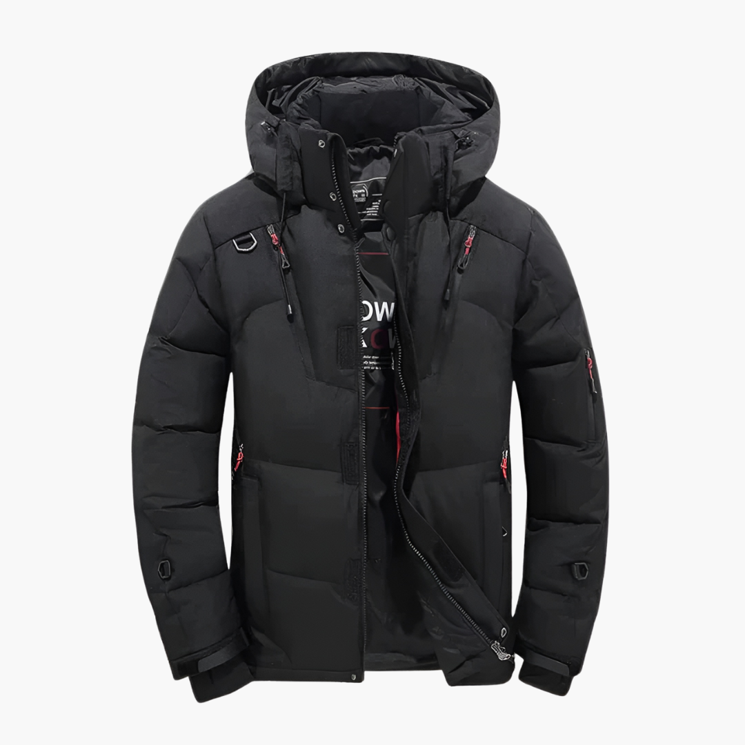Varm herr quiltad jacka med huva och dragkedjefickor, perfekt för höst och vinter.