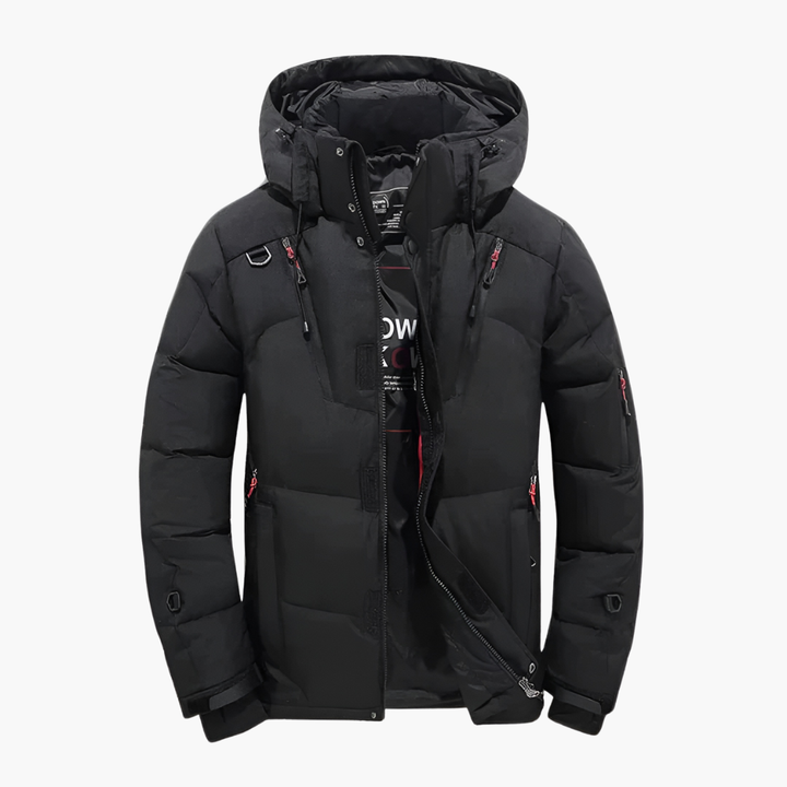 Varm herr quiltad jacka med huva och dragkedjefickor, perfekt för höst och vinter.