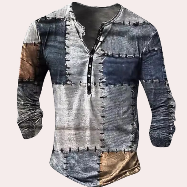 Bekväm stickad herrtröja med Henley-krage. Perfekt hösttröja och vintertröja för vardagsbruk.