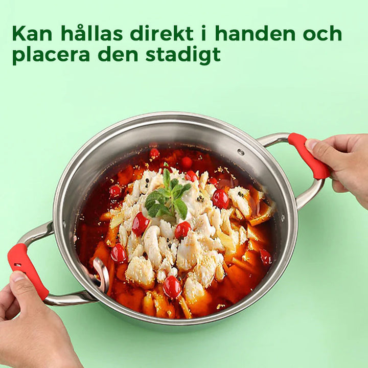 "Värmesäkert silikonskydd för grythandtag i blå, svart och röd färg, elegant och funktionellt för köksredskap."