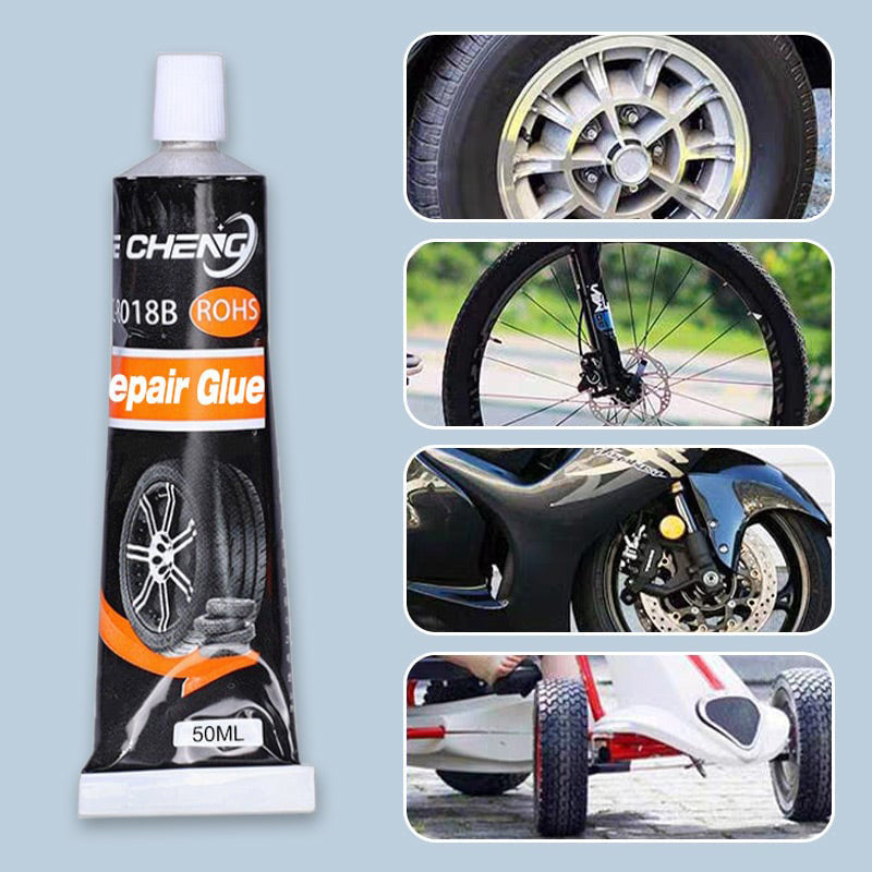 "Vattenfast däckreparationslim i tub, grått silikongummimaterial, perfekt för bil-, cykel- och motorcykeldäck."