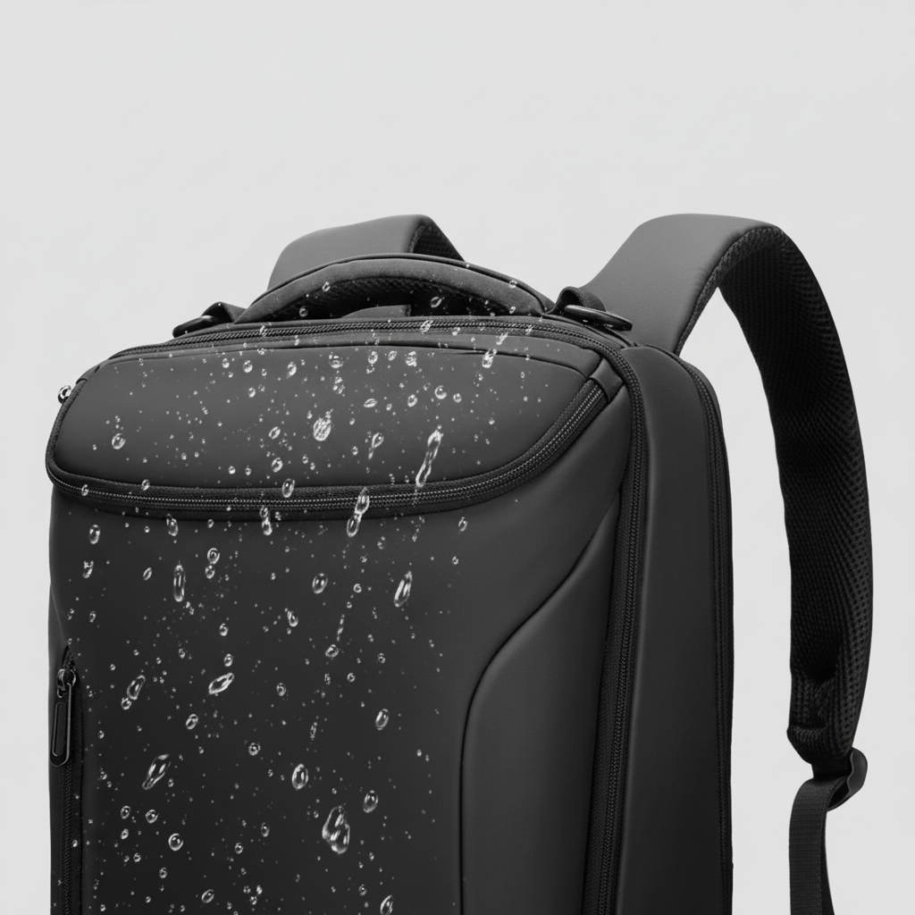 Elegant affärsryggsäck med vadderat laptopfack, vattentålig design för skydd av elektronik.