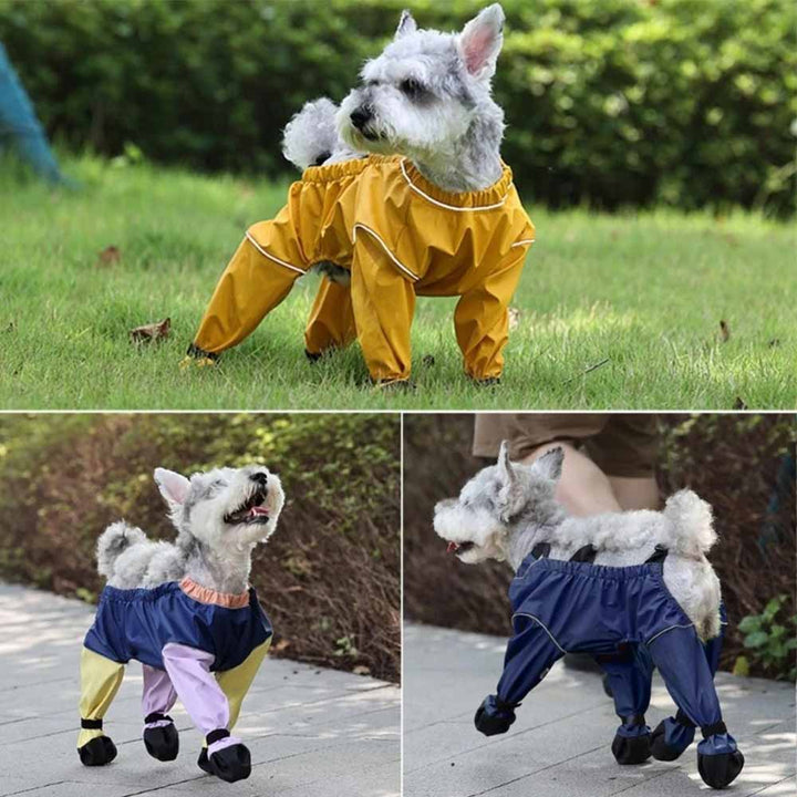 Smutsavvisande hundoverall med tasskydd för alla väder; skyddar effektivt mot lera, regn och snö.