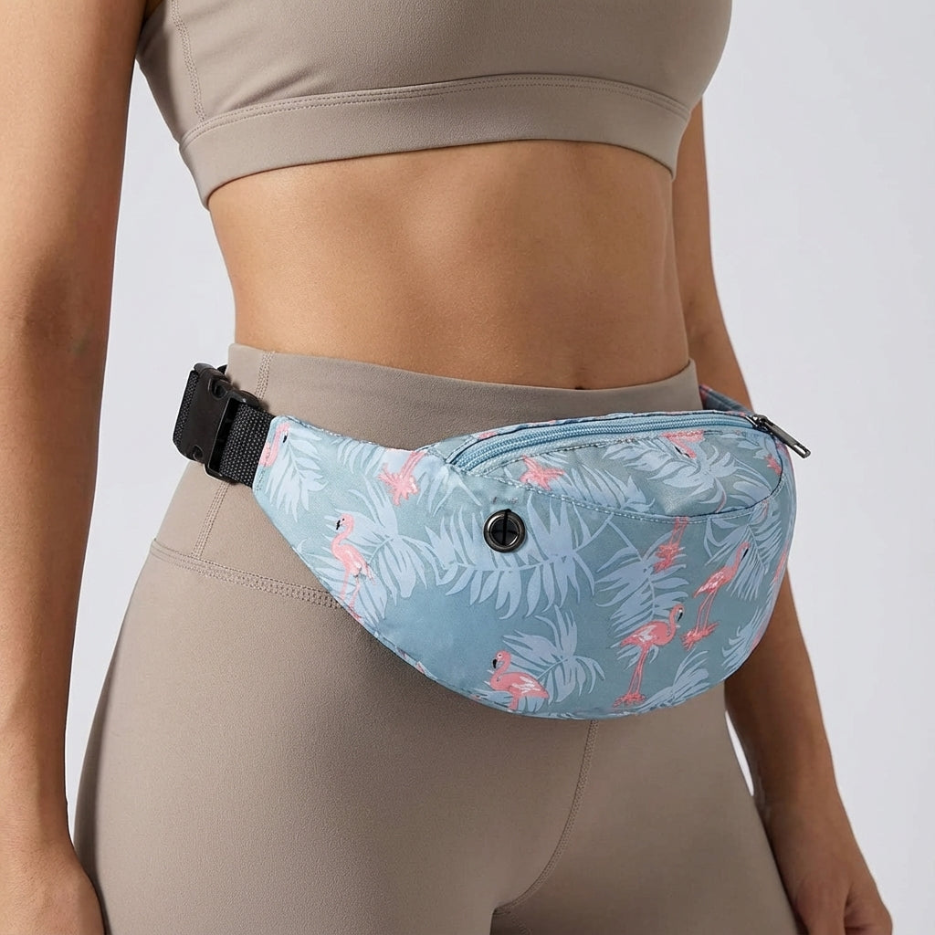 Unisex midjeväska med unikt flamingomönster. Handsfree lösning för resor och vandring, bekväm och stilren.