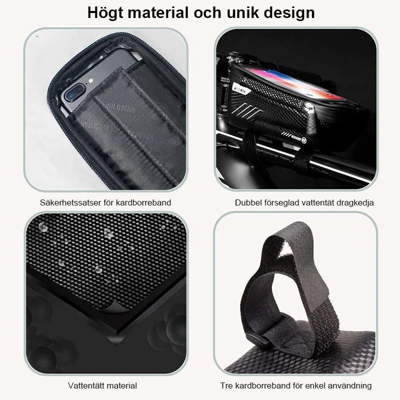 "Vattentät cykelväska med touchscreen och reflexer, svart design, passar för cyklar, skyddar tillhörigheter i alla väder."