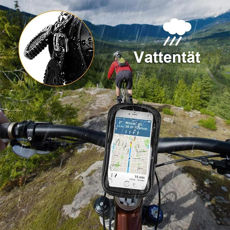 "Vattentät cykelväska med touchscreen och reflexer, svart design, passar för cyklar, skyddar tillhörigheter i alla väder."