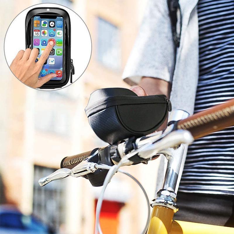"Vattentät cykelväska med touchscreen och reflexer, svart design, passar för cyklar, skyddar tillhörigheter i alla väder."