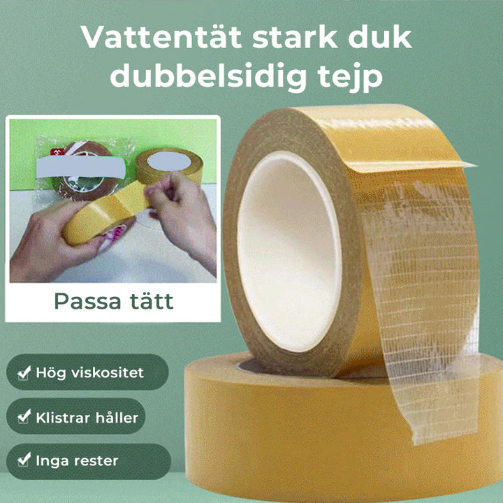 "Vattentät dubbelsidig tejp med starkt fäste, transparent och hållbar för hem och kontor, perfekt för släta och ojämna ytor."