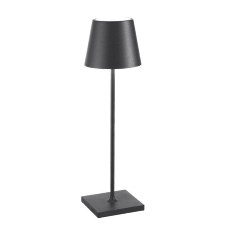 Svart vattentät LED-bordslampa med touchfunktion placerad mot neutral bakgrund