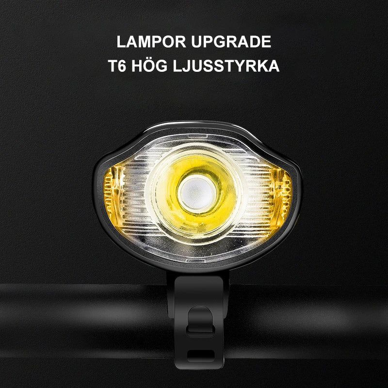 "Vattentät LED-cykellampa, robust design av ABS, justerbart ljus för nattsäkerhet. Perfekt för utomhusaktiviteter."
