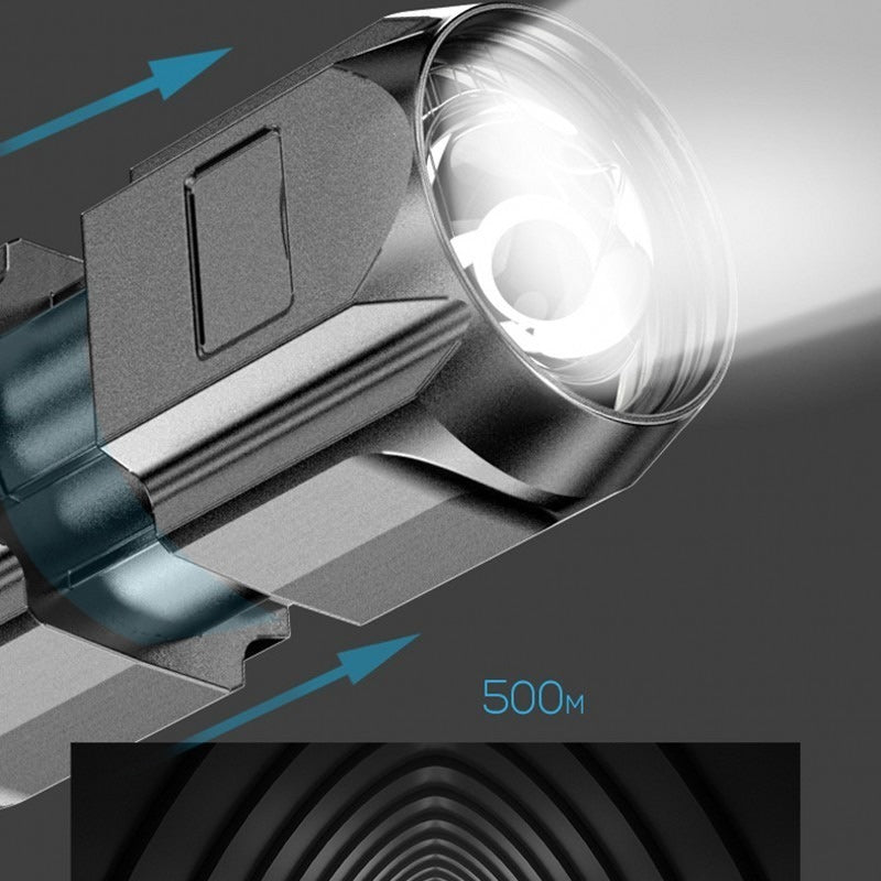 Vattentät LED-ficklampa med justerbara ljuslägen, kraftigt chassi av flygaluminium för äventyr i alla väder.