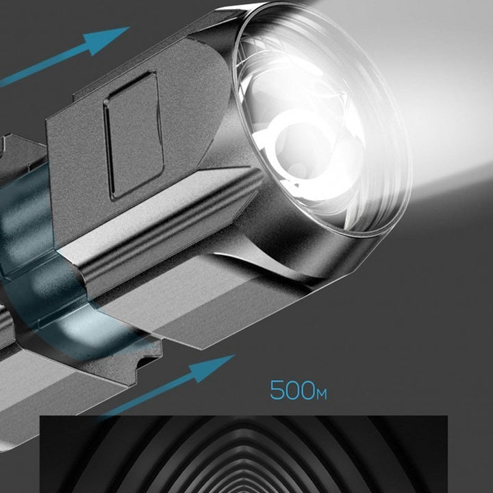 Vattentät LED-ficklampa med justerbara ljuslägen, kraftigt chassi av flygaluminium för äventyr i alla väder.