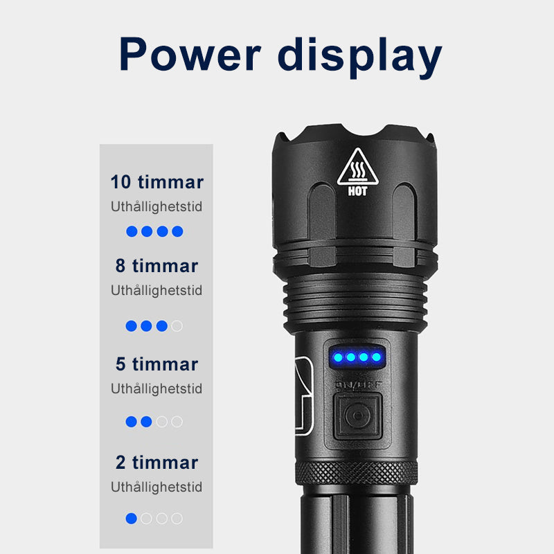 "Vattentät militär ficklampa, aluminium, 5 lägen, 12 000 lumens, svart design, robust och kompakt för extrema äventyr."