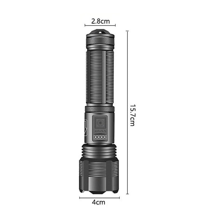 "Vattentät militär ficklampa, aluminium, 5 lägen, 12 000 lumens, svart design, robust och kompakt för extrema äventyr."