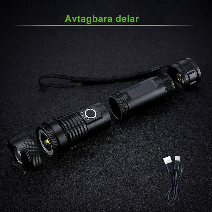 "Vattentät militär ficklampa, aluminium, 5 lägen, 12 000 lumens, svart design, robust och kompakt för extrema äventyr."