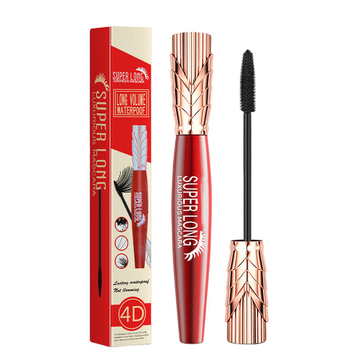 "Vattentät och svettsäker 4D mascara med borste för omedelbar volym. Långvarig, intensiv svart färg för dramatisk look."