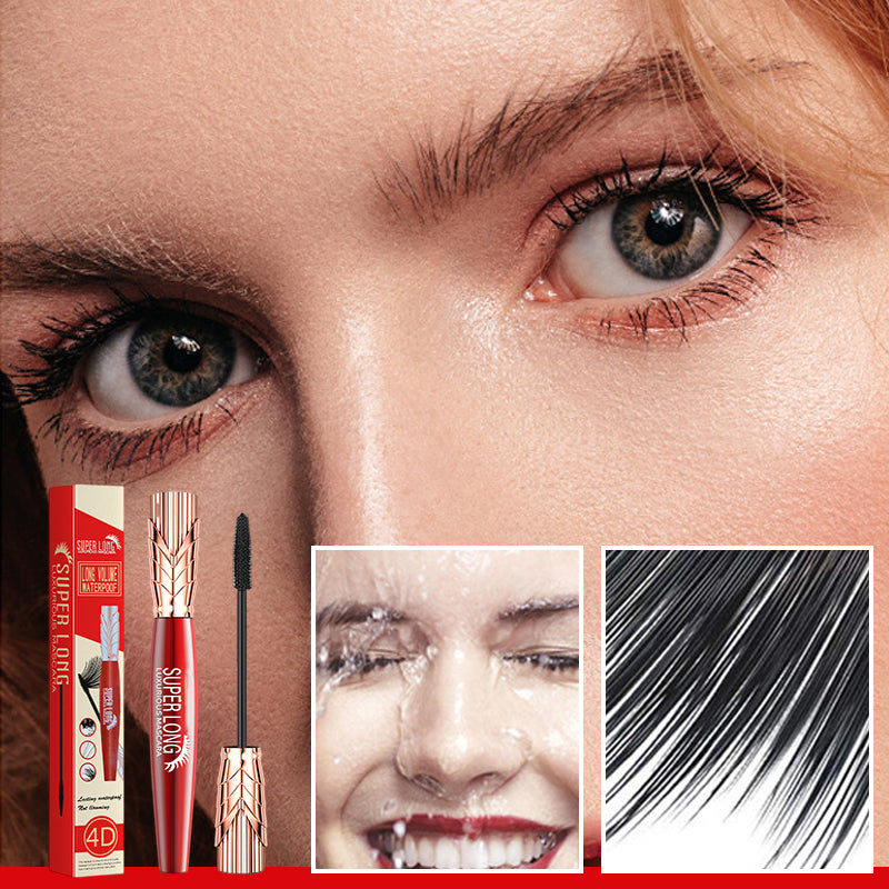 "Vattentät och svettsäker 4D mascara med borste för omedelbar volym. Långvarig, intensiv svart färg för dramatisk look."