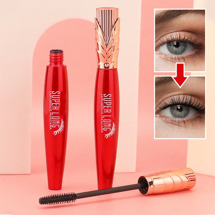 "Vattentät och svettsäker 4D mascara med borste för omedelbar volym. Långvarig, intensiv svart färg för dramatisk look."