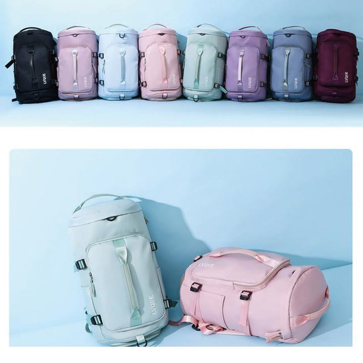 "Vattentät unisex ryggsäck/duffelväska, multifunktionell design, visad i olika färger: blå, mint, violett, rosa."