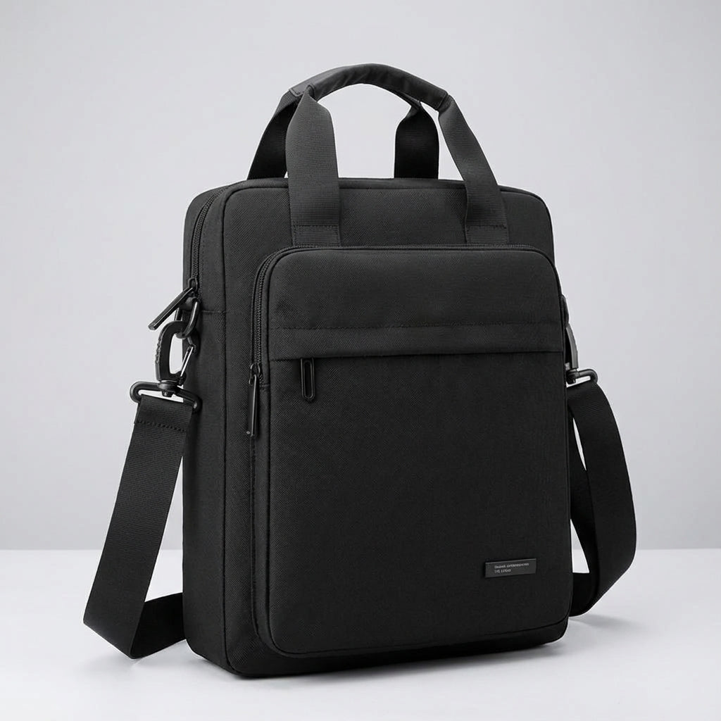 Elegant svart unisex affärsväska, slimmad arbetsväska i vattentät nylon för laptop och resor, med bra organisation.