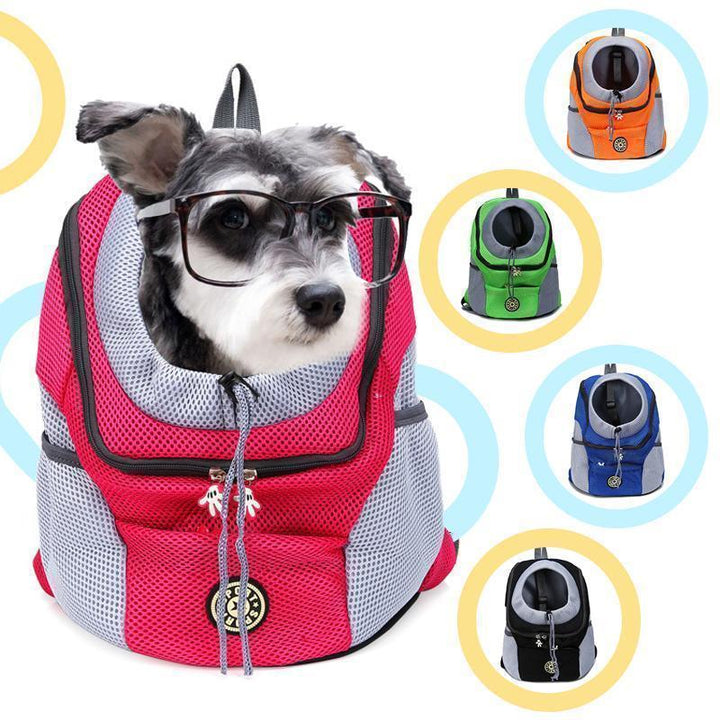 "Ventilerande ryggsäck för hund i blått med justerbara bärbälten, säkerhetsrem, sidofickor och flera färgalternativ."