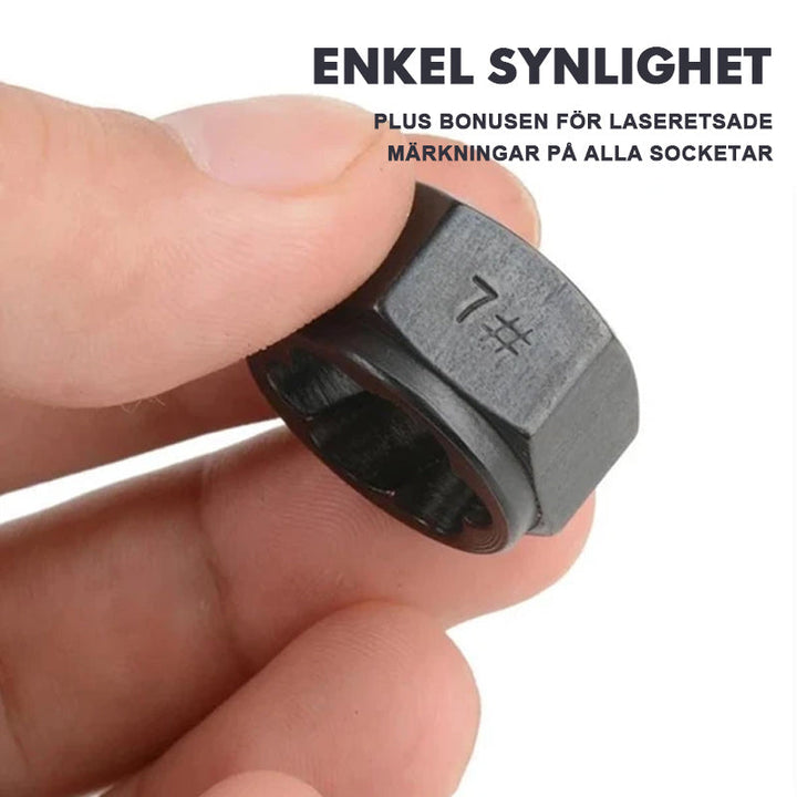Mutterdragarsats i svart krom-vanadinlegerat stål för borttagning av skadade och rostiga bultar och muttrar i alla storlekar.