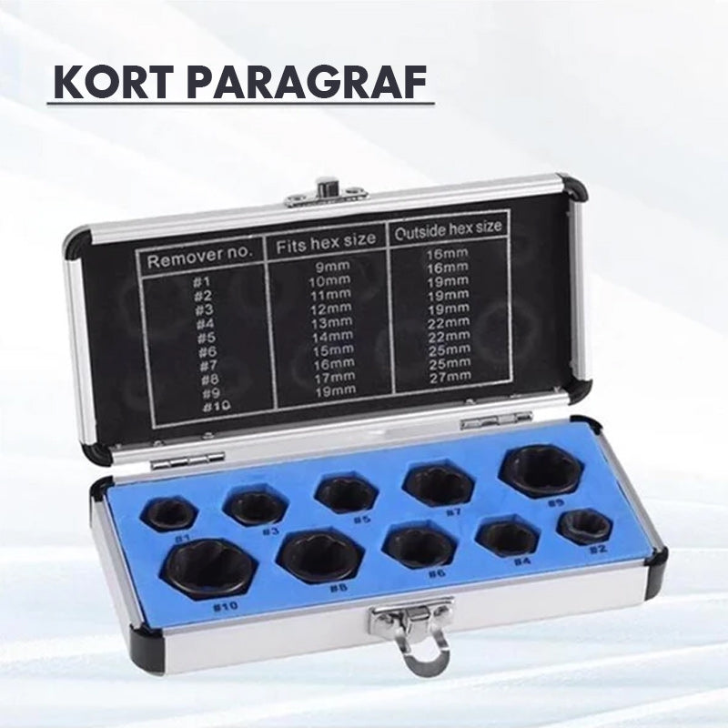 Mutterdragarsats i svart krom-vanadinlegerat stål för borttagning av skadade och rostiga bultar och muttrar i alla storlekar.