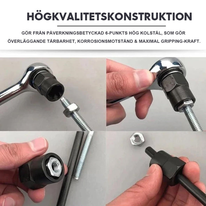 Mutterdragarsats i svart krom-vanadinlegerat stål för borttagning av skadade och rostiga bultar och muttrar i alla storlekar.