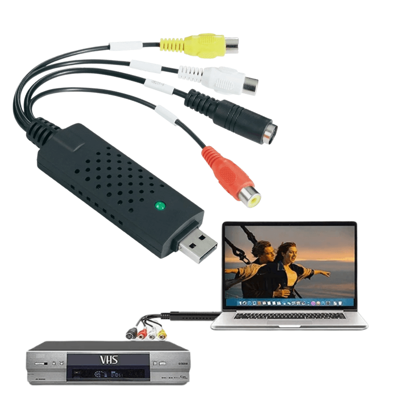 USB VHS videoinläsningsenhet ansluten till laptop och videospelare