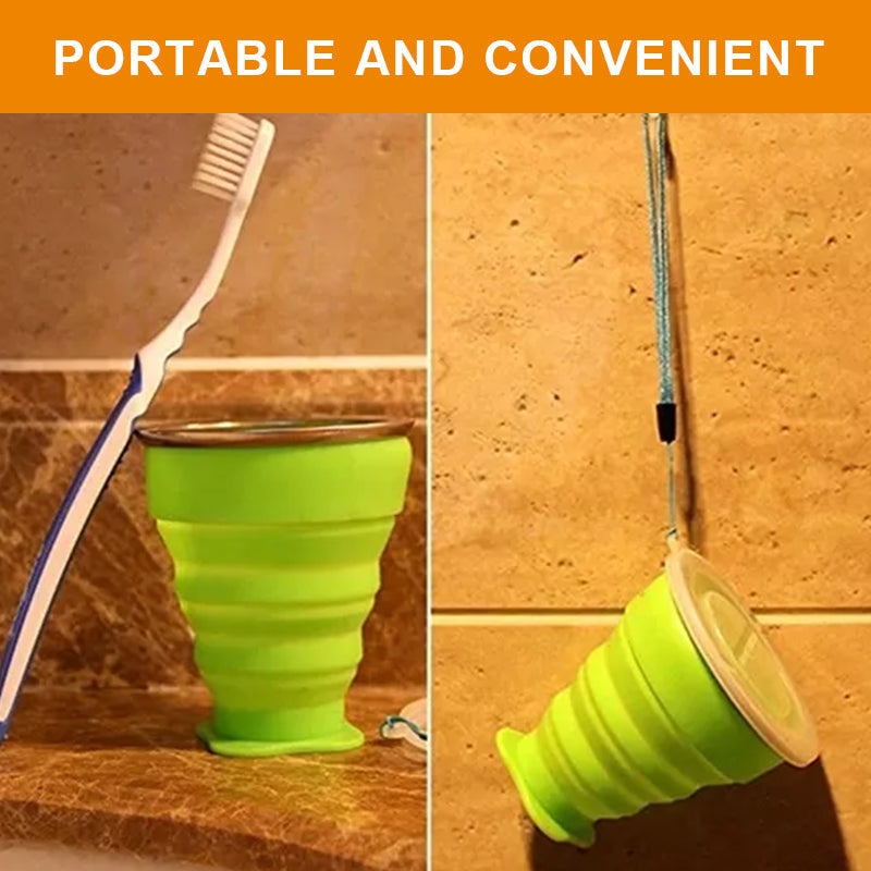 Vikbar silikon campingmugg med lock, hopfälld, i grön för enkel utomhusförvaring och transport.