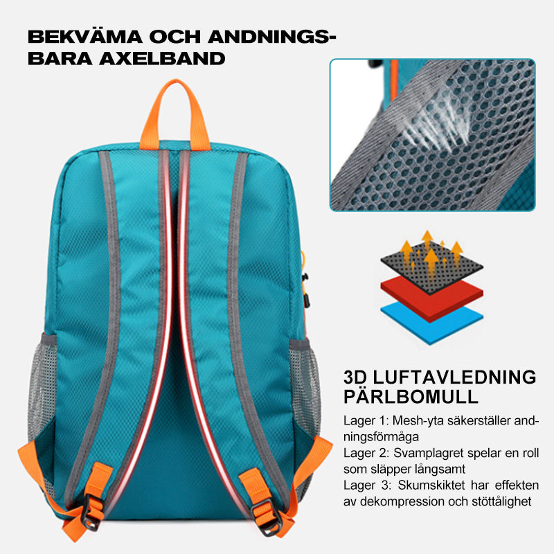 "Vikbar unisex ryggsäck i vattentålig polyester, grön färg, lätt och kompakt, idealisk för vandring och daglig användning."