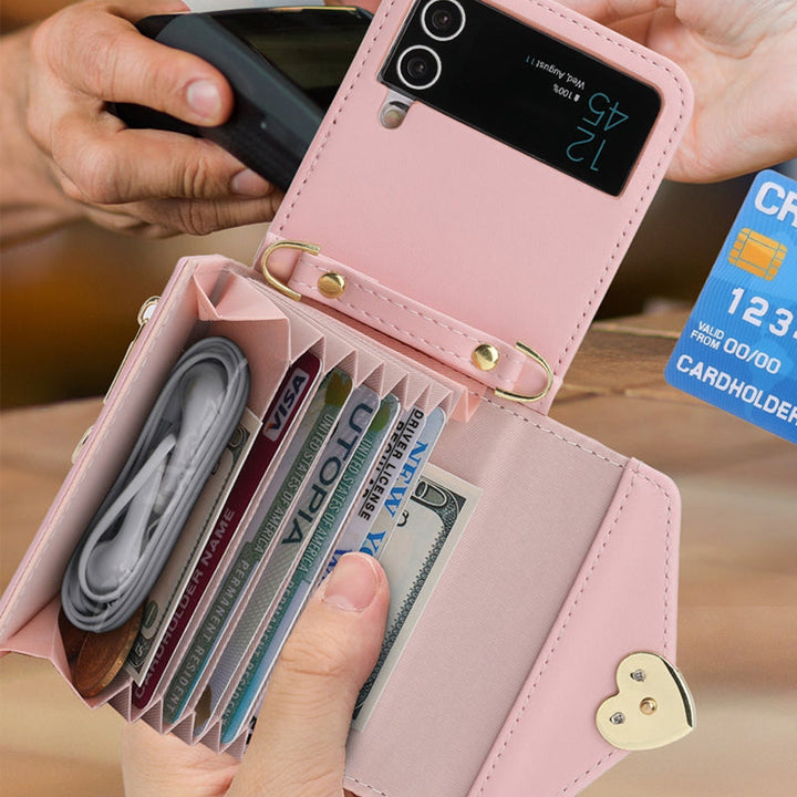 Vikbart Samsung-fodral i rött konstläder med kortförvaring, elegant och skyddande för Samsung FLIP4 och FLIP3.
