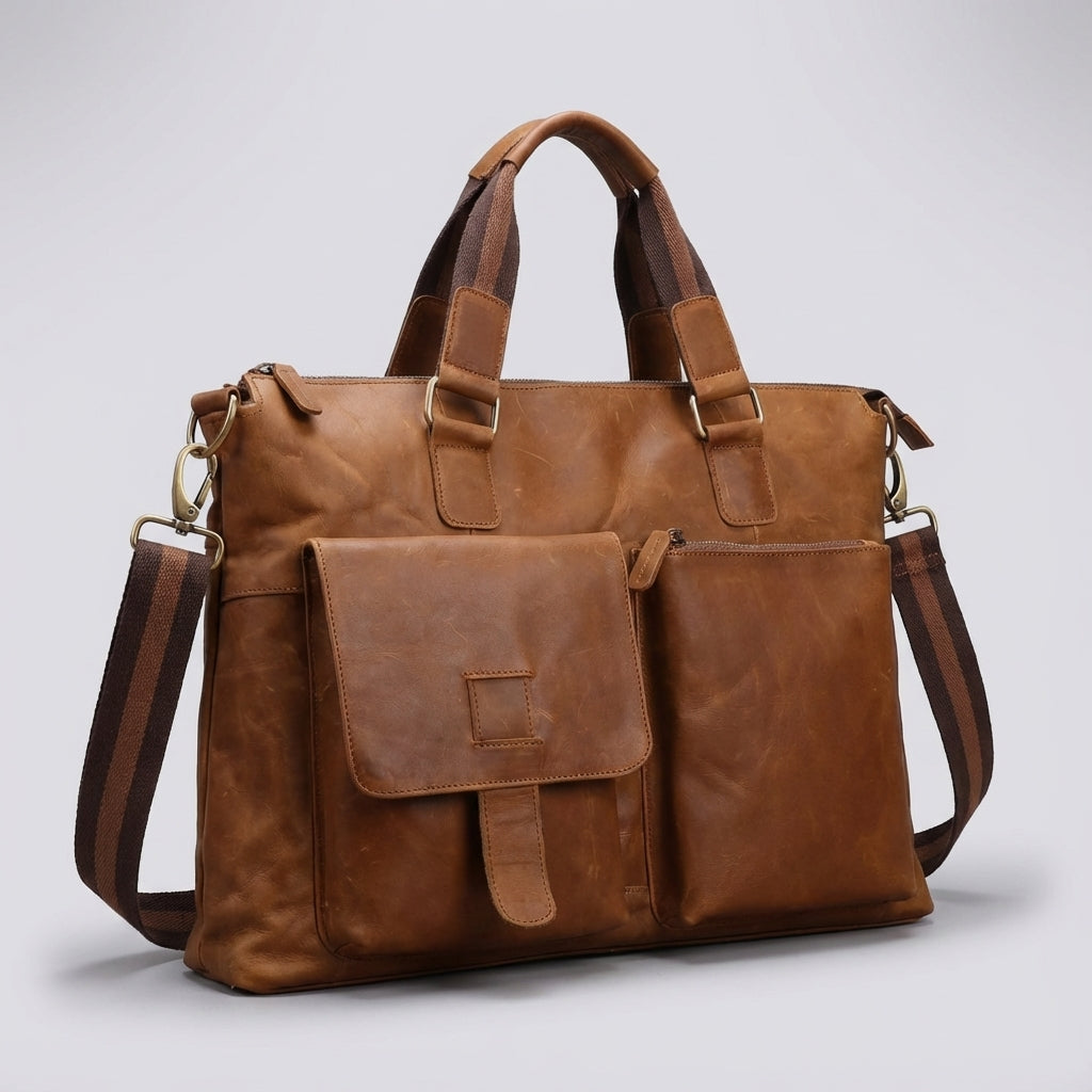 Mörkbrun vintage arbetsväska för laptop. Elegant portfölj perfekt för affärsmöten, stilren organisering.