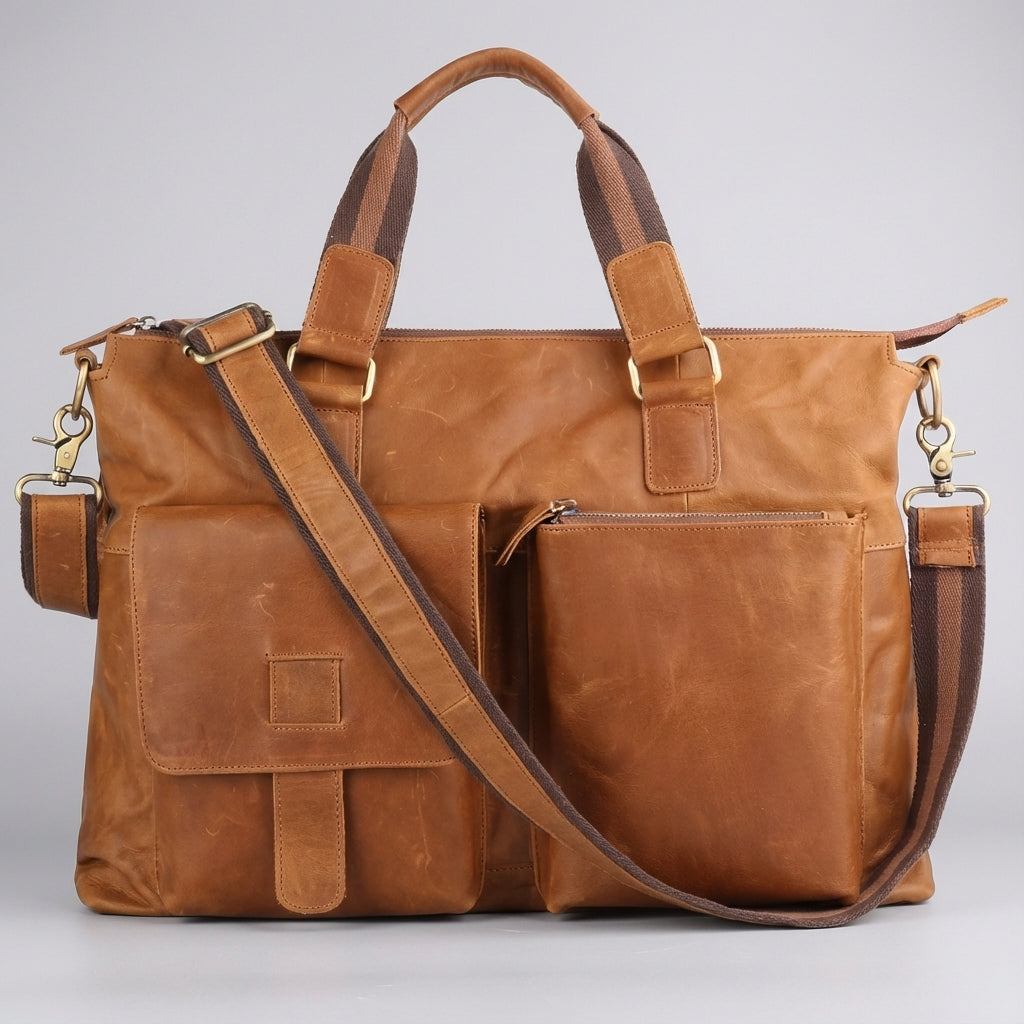 Robust brun vintageväska för laptop. Mångsidig arbetsväska/portfölj, elegant stil för den moderna pendlaren.