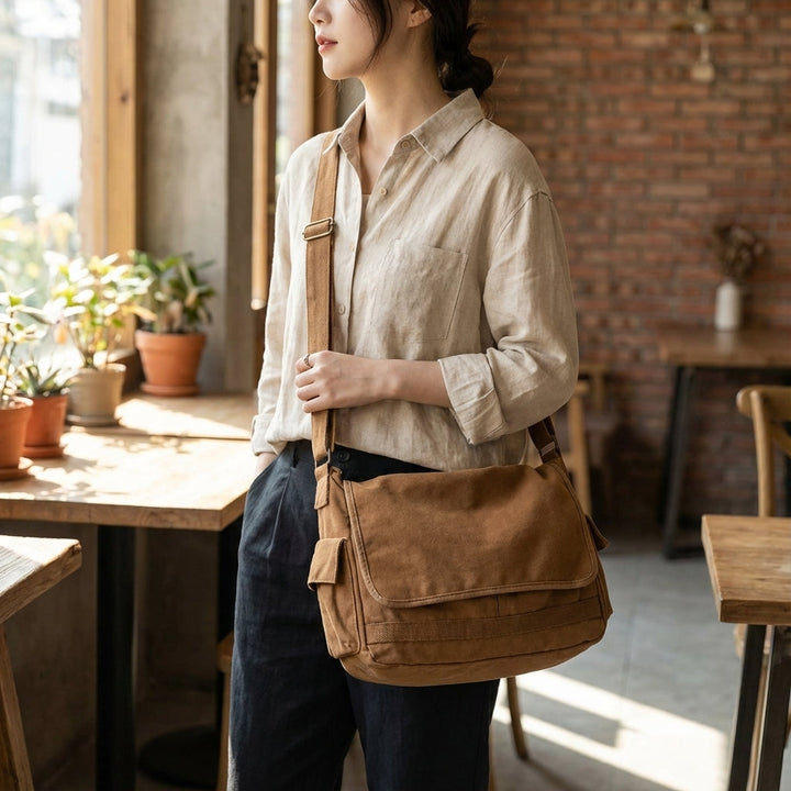 Vintage canvas axelväska unisex, stilren design för vardag & resor. Slitstark messengerbag i retrostil, bomull.