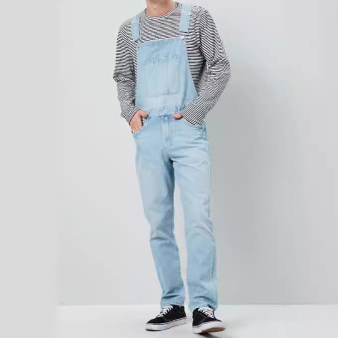 Trendiga och bekväma casual herr hängselbyxor i vintage denim, justerbara med praktiska fickor för dagligt bruk.