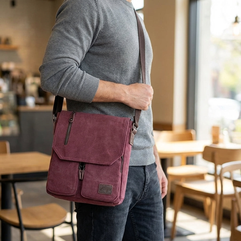 Vintage herr axelväska i robust canvas. Brun messenger-väska med retrostil för vardagsbruk.