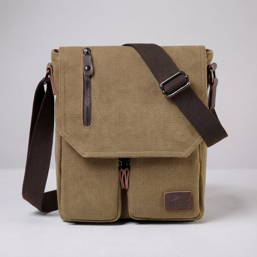 Detalj av vintage messenger-väska: spänne och robust canvasmaterial. Herr axelväska med klassisk stil.