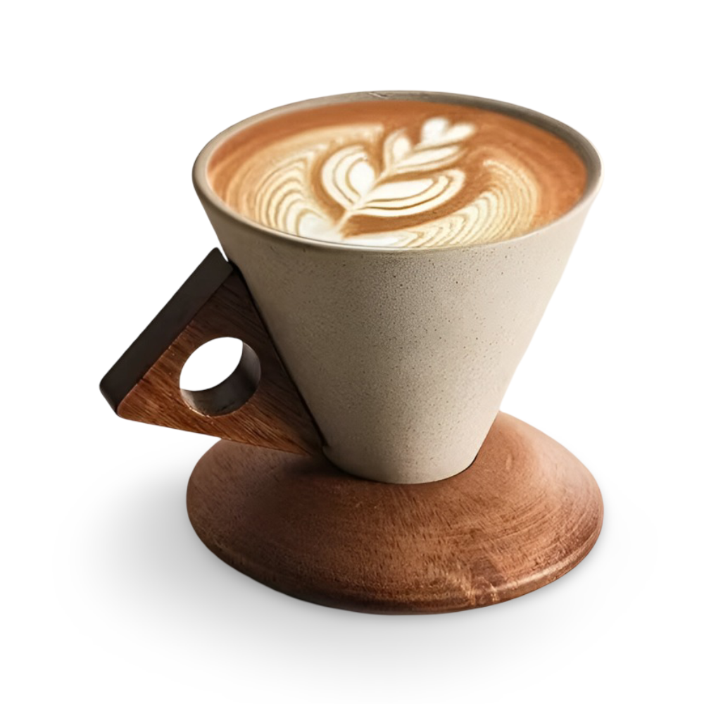 Mysig fika med vintage keramik kaffekopp och trähandtag, skapar en varm atmosfär.