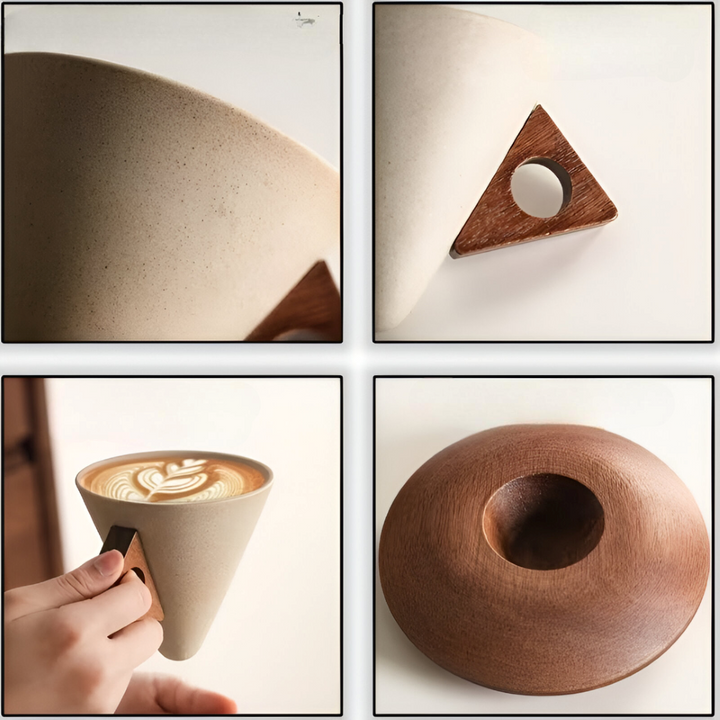 Vackra vintage keramik muggar med trähandtag, idealiska för kaffe, te eller varm choklad.